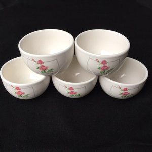 Mini Custard Dessert Cup Bowl White Pink Rose Floral Flower Art Vintage Set of 5